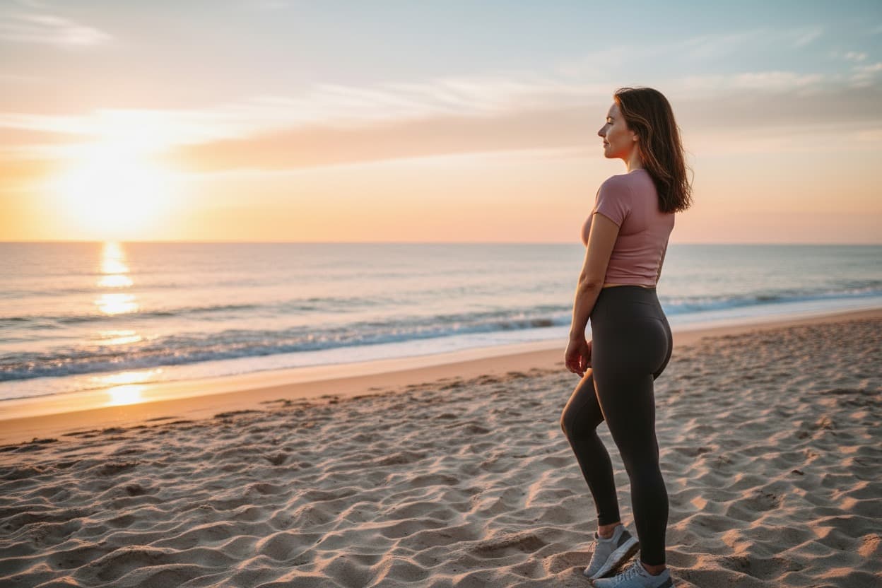 Woman in leggings standing on a beach at sunset looking out to sea
