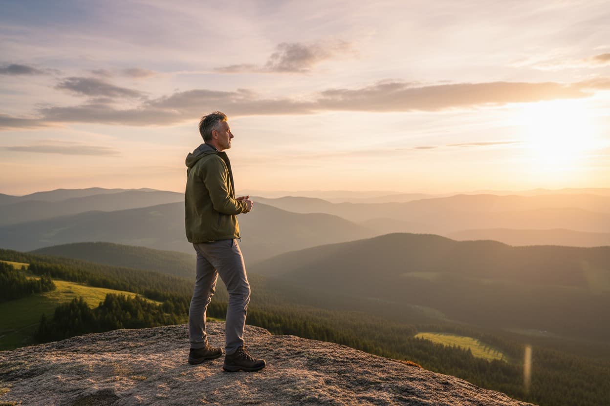 Man in a green jacket standing on a hilltop looking at a sunset over the mountains
