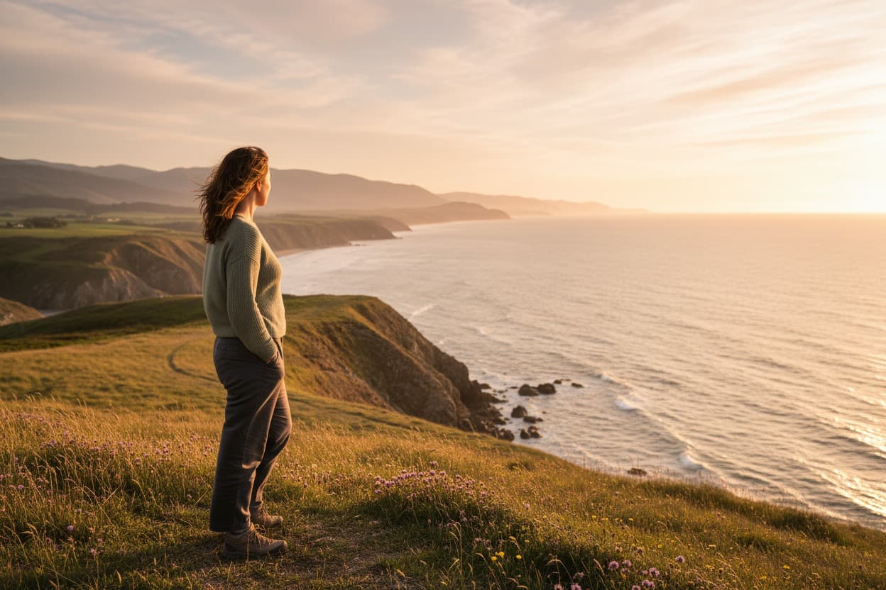Woman standing on a grassy clifftop looking out over the sea at sunset