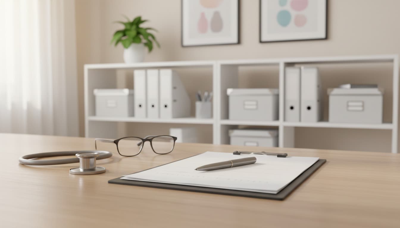 Clipboard, pen, glasses and stethoscope on a desk in front of white shelves