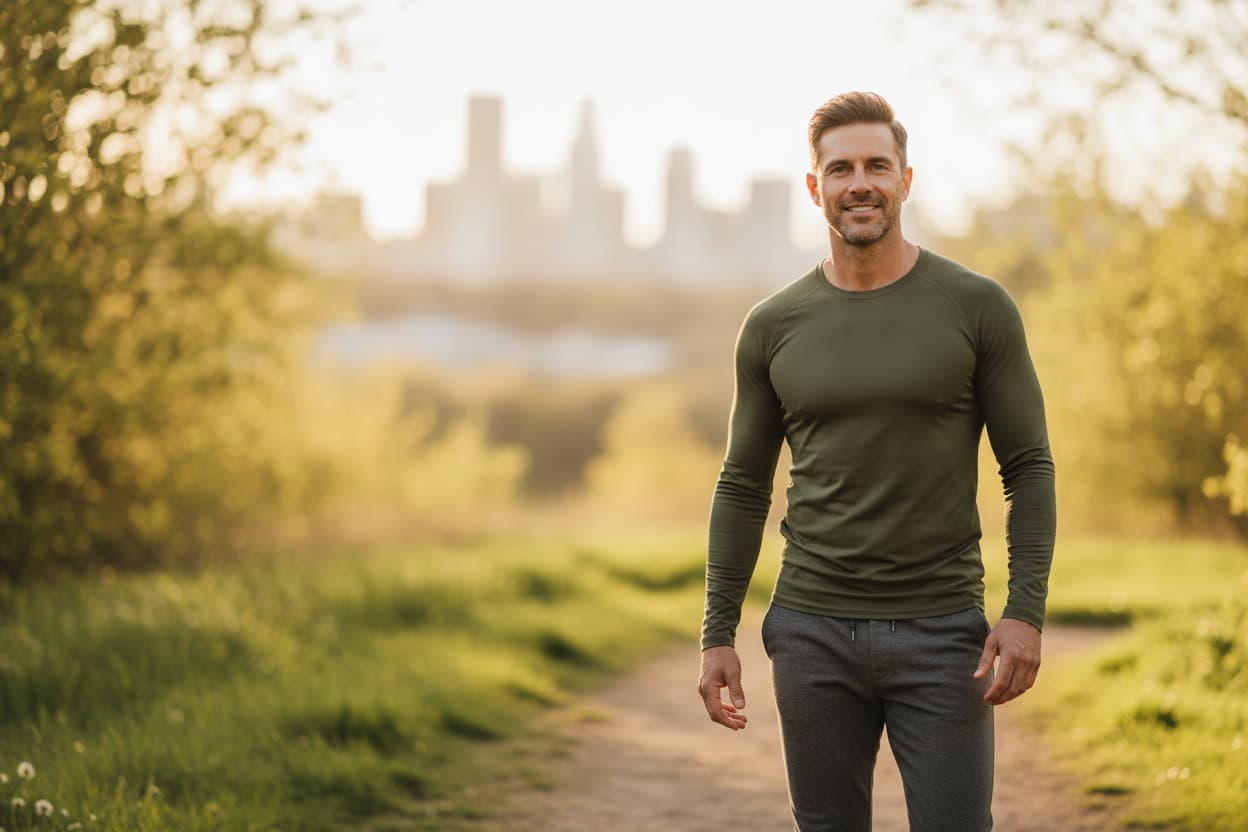 Smiling man in a green long-sleeved top standing on a park path with a city skyline behind him