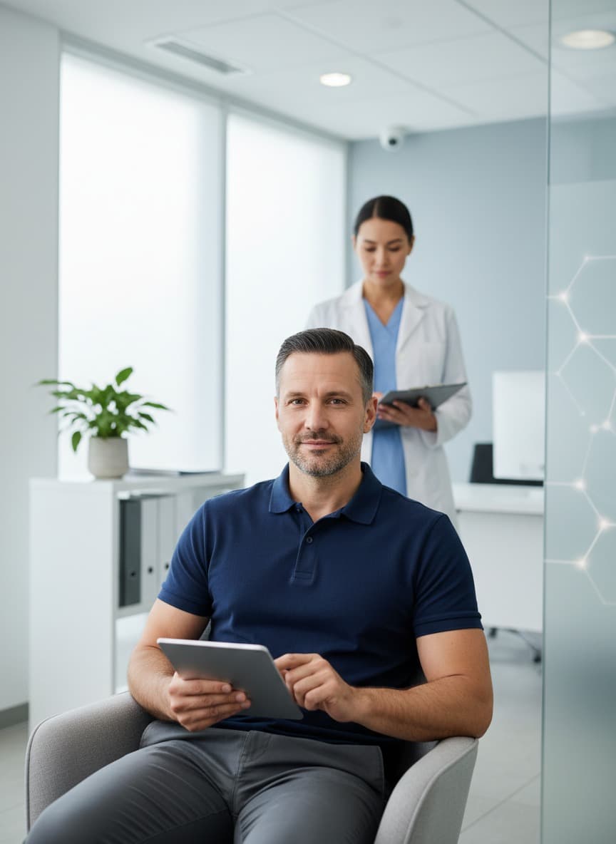 Man in a navy polo shirt holding a tablet in a clinic room while a doctor stands behind him