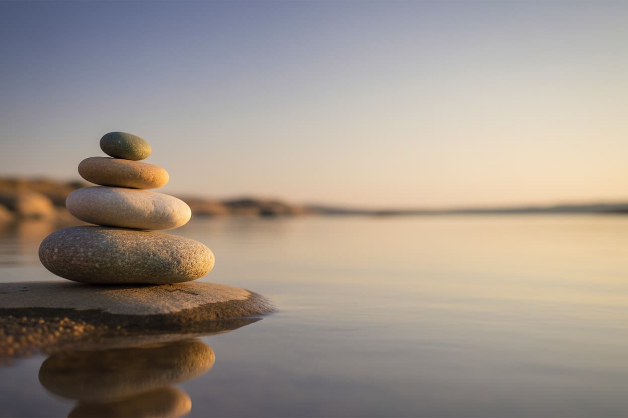Stack of smooth stones on a rock beside calm water at dusk