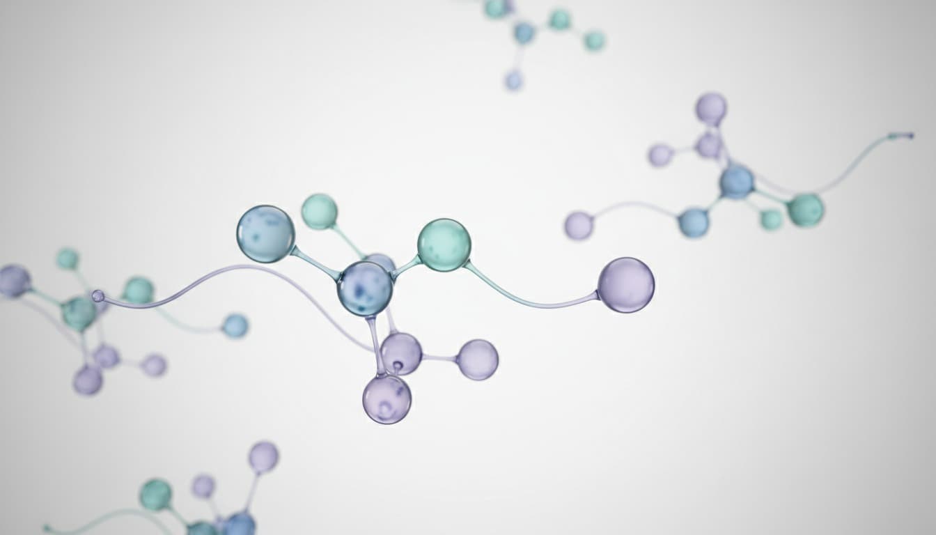 Illustration of colourful molecules linked by thin strands on a pale background
