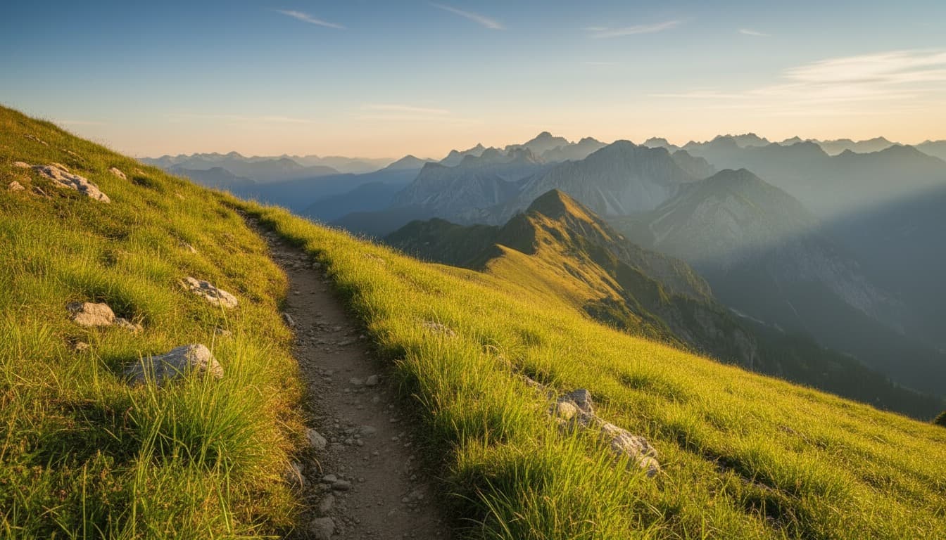 Grassy mountain path winding up a hillside with mountains in the distance