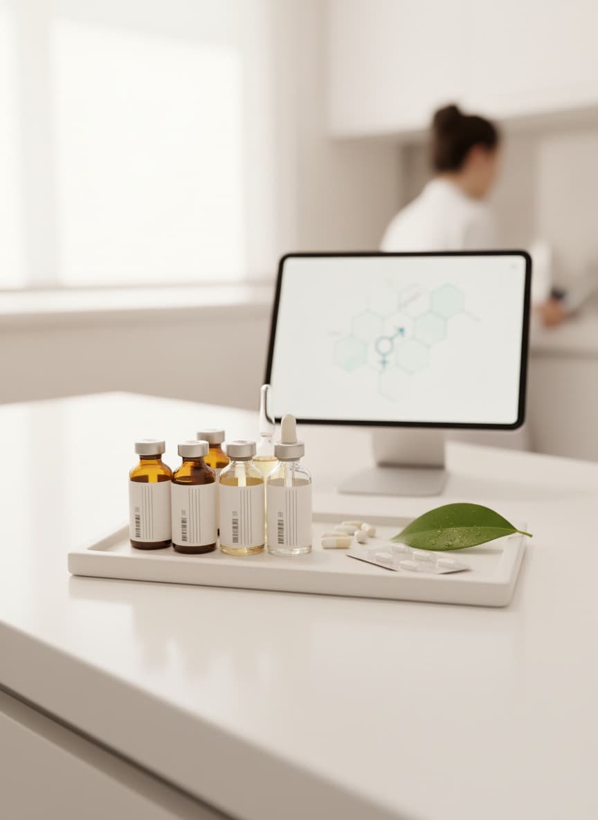 Glass vials and a green leaf on a white counter in front of a computer screen