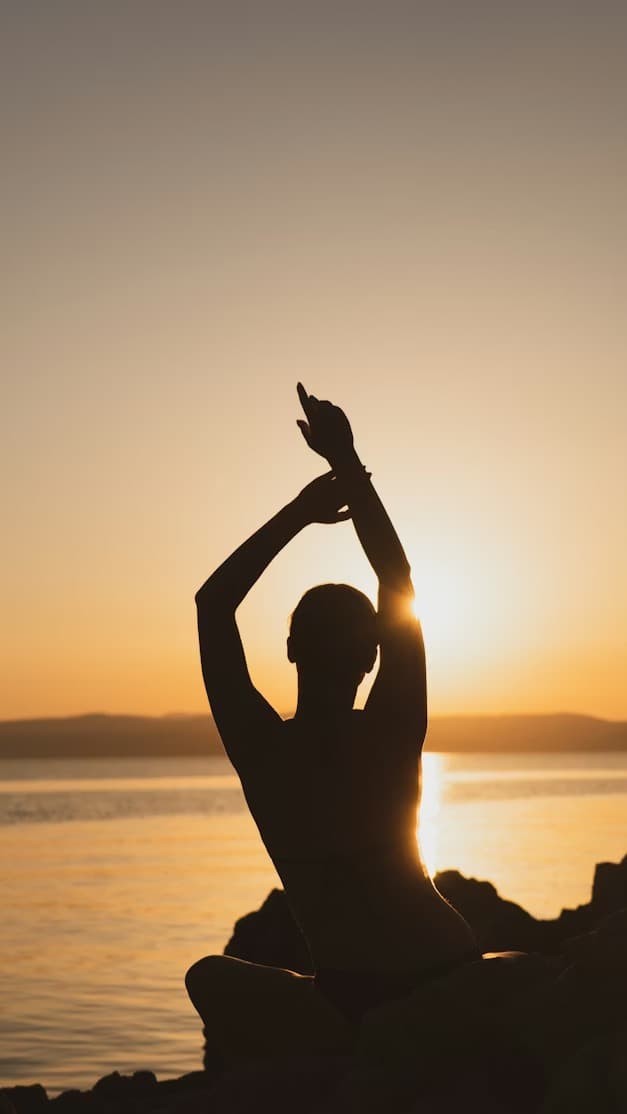 Silhouette of a person with raised arms against a sunset over water