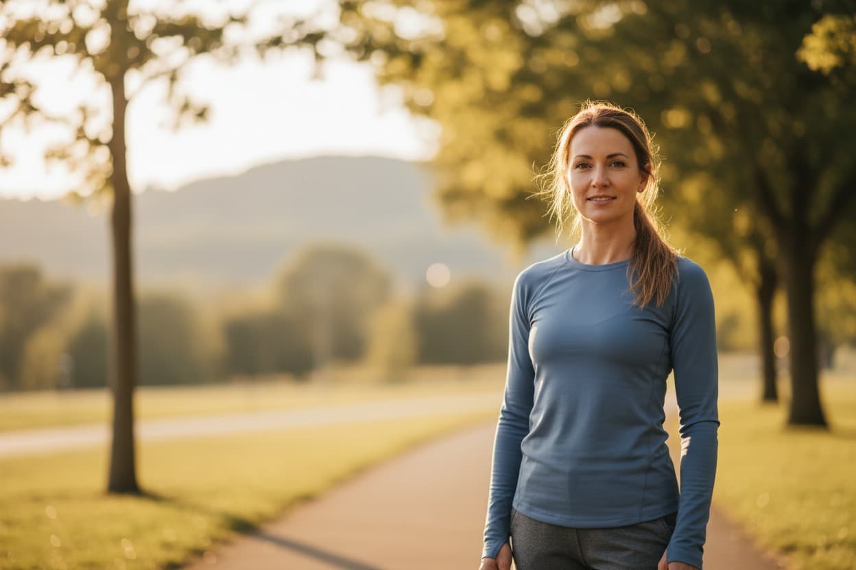 Smiling woman in a blue long-sleeved top standing on a park path in golden light