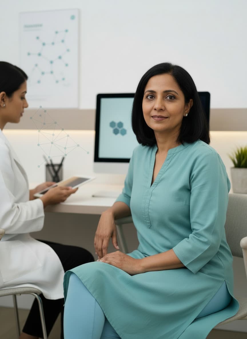 Woman in a teal tunic seated in a clinic room with a doctor behind her and a computer screen