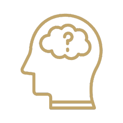 Gold line drawing of a head with a question mark in a cloud
