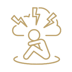 Gold line drawing of a person curled up beneath storm clouds and lightning