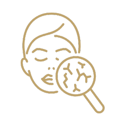 Gold line drawing of a face with a magnifying glass over dry skin