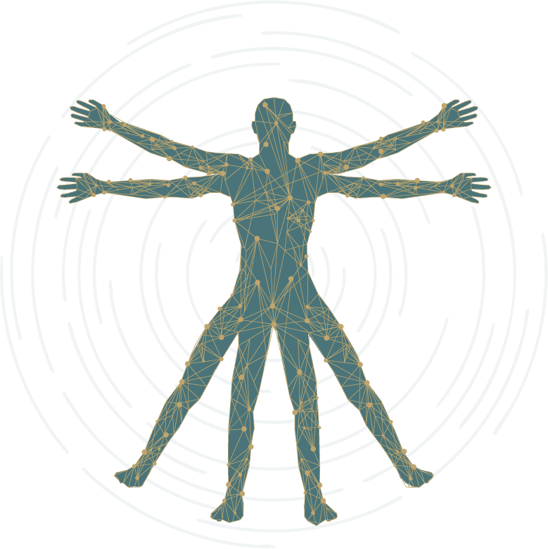Illustration of a human figure with outstretched arms, drawn as a teal network of lines inside concentric circles