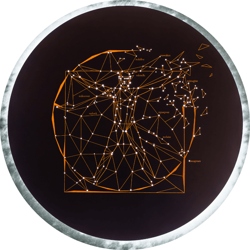 Round graphic of a Vitruvian figure drawn as an orange constellation of points and lines on a dark background, with words such as rediscover, rethink and reclaim