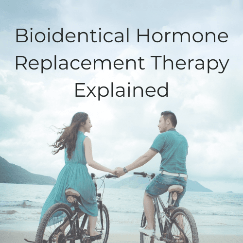 Bioidentical Hormone Replacement Therapy Explained, with a couple cycling hand in hand along a beach