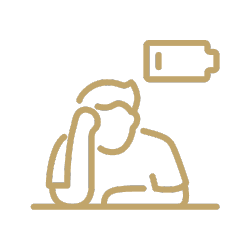 Gold line drawing of a tired person with a low battery symbol