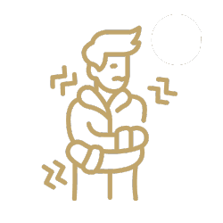 Gold line drawing of a shivering person wrapped in a blanket