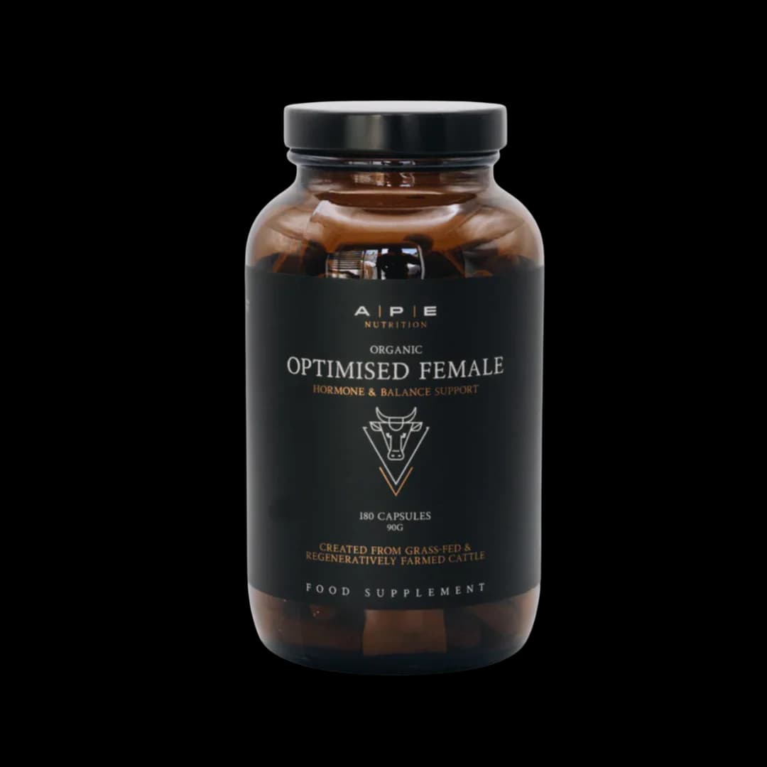 Dark glass jar of APE Nutrition Optimised Female supplement